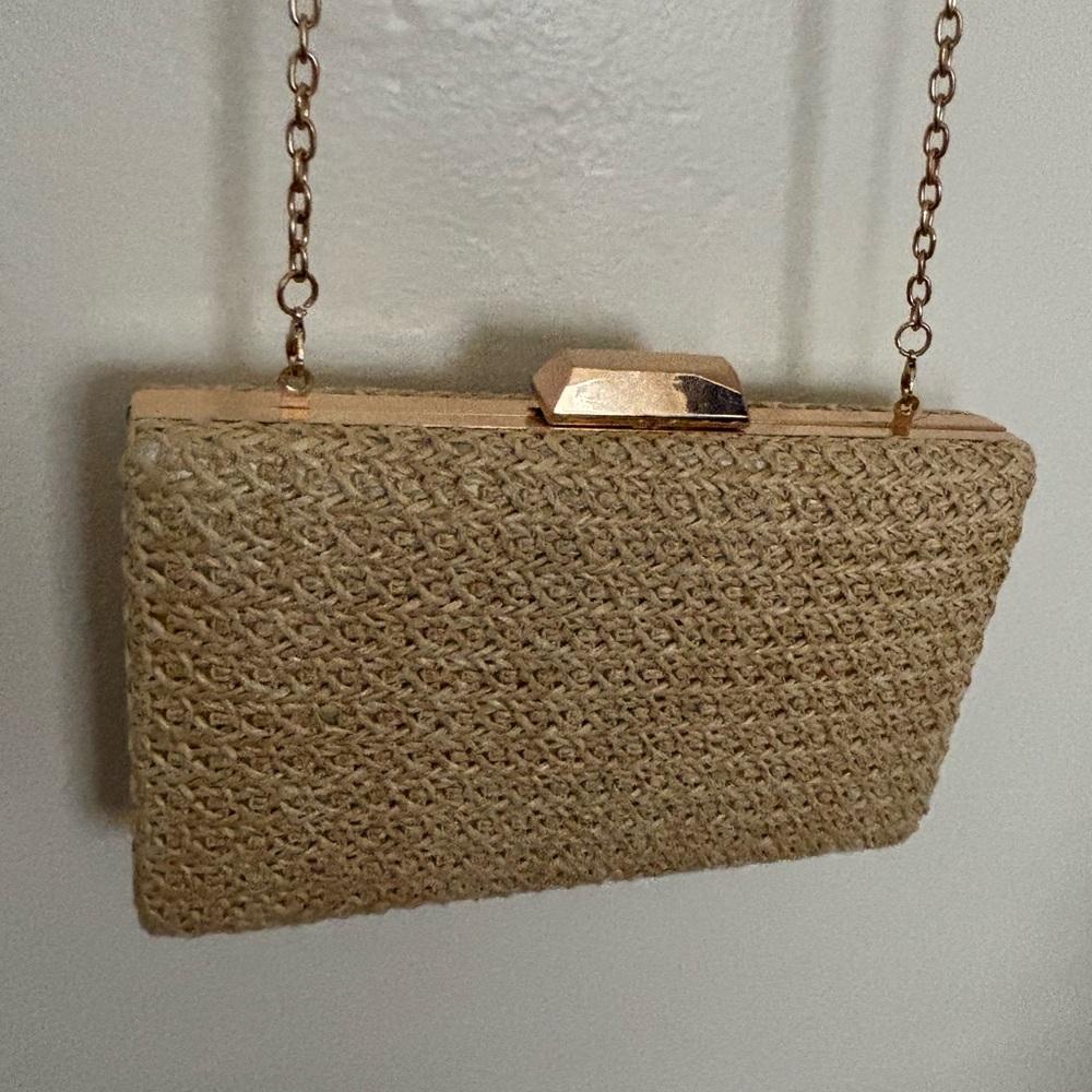 Gold Woven Frame Clutch with Chain Strap